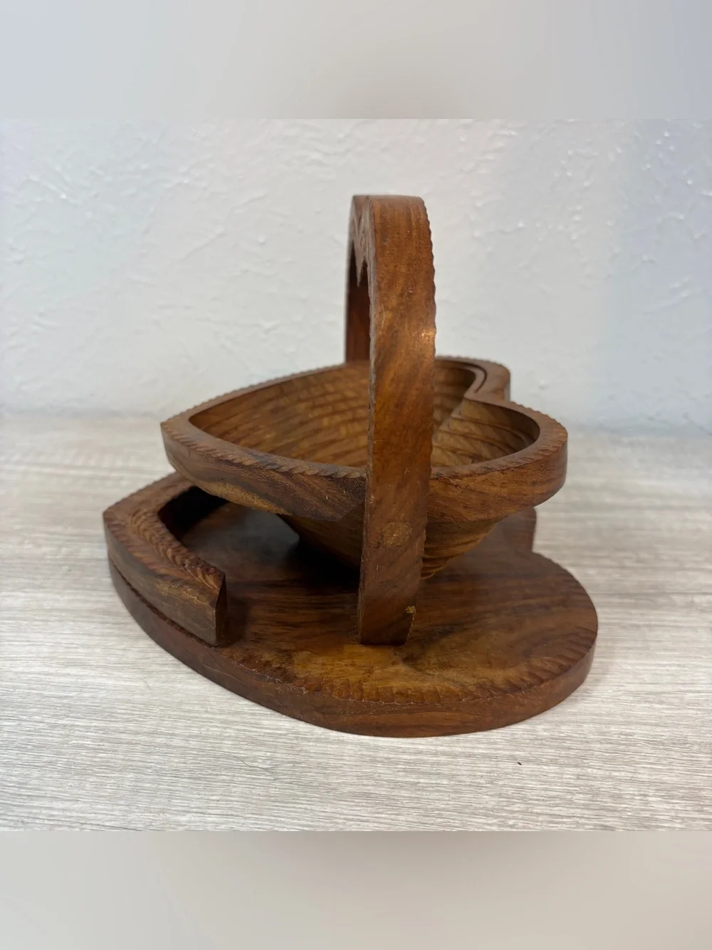 Vintage Hand Carved Heart Shaped Collapsible Wooden Fruit Basket Folding Trivet